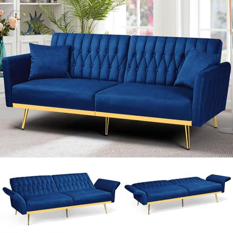 ACMEASE 70” Velvet Futon Sofa Bed w/Adjustable Armrests and Backrest, Convertible Futon Couch w/2 Pillows, Modern Sleeper Bed for Living Room, Bedroom, Blue ACMEASE