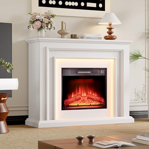 44 Inches LED Lights Electric Fireplace with Mantel, White Tall Fire Place Heater Freestanding, Delicate Three-Dimensional molding with Remote Control Timer LED Flame for Living Room, Bedroom BOSHIRO