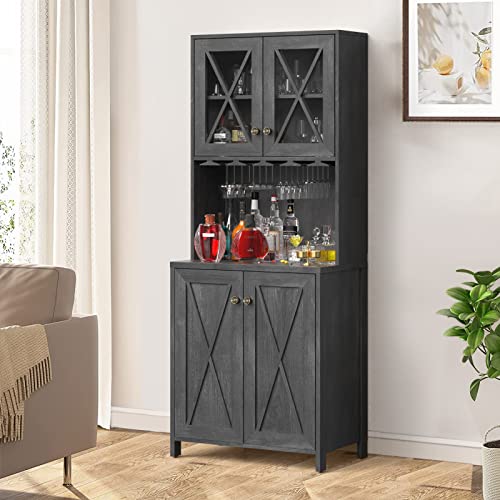YITAHOME Farmhouse Bar Cabinet, 67" Tall Wine Bar Cabinet with for Wine Glass Rack, Home Bar Cabinet with Open Storage Shelves ＆ Glass Doors for Living Room, Hallway, Charcoal Grey YITAHOME