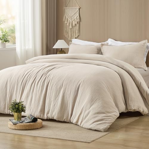 PHF Cotton Muslin Comforter Set Queen – 100% Cotton Cover, Ultra Soft & Breathable, 3PCS Lightweight All-Season Bedding with Polyester Fill, 1 Comforter 90"x90" & 2 Pillow Shams 20"x26", Natural PHF