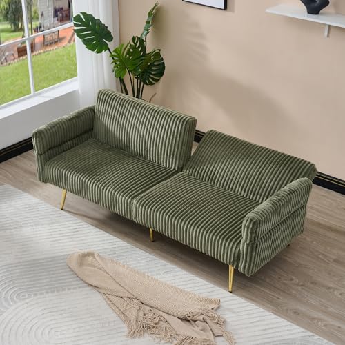 Zentrava Green 79" Convertible Futon Sofa Bed with Adjustable Backrest & Armrests, Modern Corduroy Folding Loveseat Sleeper Couches with Two Soft Pillows for Living Room Apartment Office (Green) Zentrava