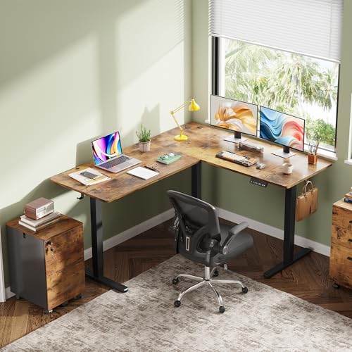 DEVAISE L Shaped Standing Desk Adjustable Height, Dual Motor Electric Corner Standing Desk, 63x55 inch Sit Stand up Home Office Desk with Splice Board, Rustic Brown DEVAISE