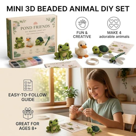 Wmool Tiny 3D Beaded Animal DIY Kit, Easy DIY Beading Embroidery Kit with 4 Cute Designs, 3D Animal Themed Beadwork Kit for Beginners & Craft Enthusiasts, with Instructions Wmool