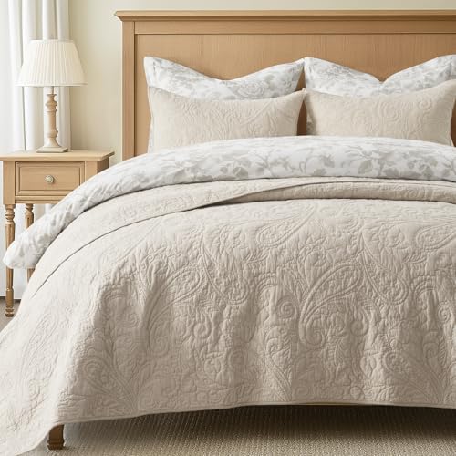 EVERGRACE 100% Cotton Paisley Quilt Set, King Size 3 Piece Set – Prewashed Lightweight Bedspread with 2 Shams, Soft & Breathable Matelasse Coverlet for All-Season Comfort, Flax Beige EVERGRACEHOME