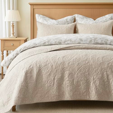 EVERGRACE 100% Cotton Paisley Quilt Set, King Size 3 Piece Set – Prewashed Lightweight Bedspread with 2 Shams, Soft & Breathable Matelasse Coverlet for All-Season Comfort, Flax Beige EVERGRACEHOME