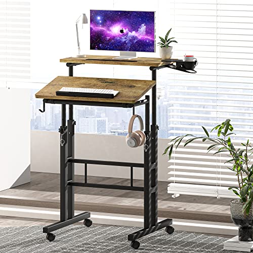 Klvied Rolling Mobile Desk with Cup Holder, Portable, Adjustable Height Small Stand up Desk on Wheels for Home Office Laptop Cart, Computer, Standing or Sitting,Oak Klvied