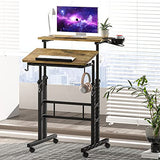 Klvied Rolling Mobile Desk with Cup Holder, Portable, Adjustable Height Small Stand up Desk on Wheels for Home Office Laptop Cart, Computer, Standing or Sitting,Oak Klvied