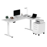SANODESK Dual Motor L-Shaped Electric Standing Desk Height Adjustable Stand up Desk with 3 Drawer File Cabinet,63 x 40 Inches White Top/White Frame SANODESK