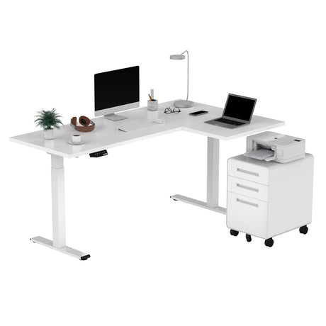 SANODESK Dual Motor L-Shaped Electric Standing Desk Height Adjustable Stand up Desk with 3 Drawer File Cabinet,63 x 40 Inches White Top/White Frame SANODESK
