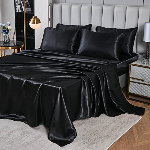 Herside Black Satin Comforter Set 7 Pieces King Size Bed in a Bag Luxurious Satin Bedding Set with Comforter Pillowcases and Sheets Sets Mini Pompoms Design Super Soft Silky Bed Set for All Seasons Herside