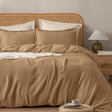 PHF 100% Natural Cotton Muslin Duvet Cover Set Queen Size, Ultra Soft Breathable Absorbent, Luxurious Minimalist Gauze Bedding for All Season, Duvet Set with 2 Pillow Shams, 90" x 90", Brown PHF