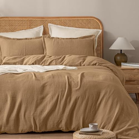 PHF 100% Natural Cotton Muslin Duvet Cover Set Queen Size, Ultra Soft Breathable Absorbent, Luxurious Minimalist Gauze Bedding for All Season, Duvet Set with 2 Pillow Shams, 90" x 90", Brown PHF