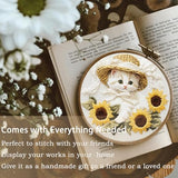 FONNUY White Kitten Embroidery Kit, Sunflowers Cat Lace Hat Cross Stitch Kits for Beginners, Handmade Crafts with Printed Patterns for Adults, Color Thread Needlework, 8'' Hoop (Cat 01)