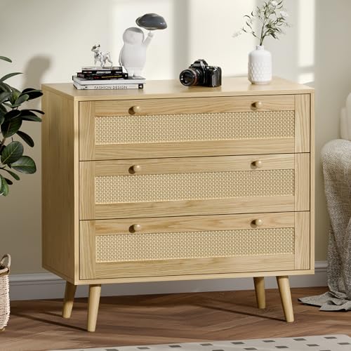 infurnic 3 Drawer Rattan Dresser for Bedroom, Modern Wooden Dresser Chest with Handles for Bedroom, Hallway and Living Room, Wood Oak - WoodArtSupply