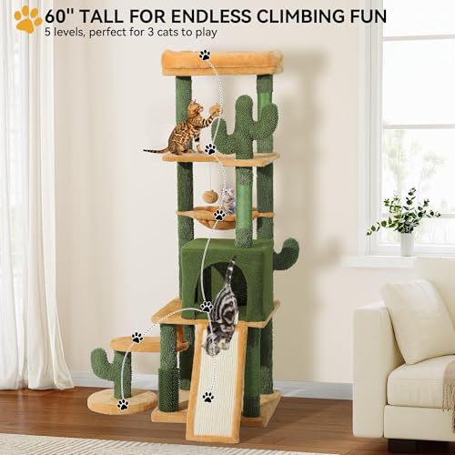 YITAHOME Tall Cactus Cat Tree Tower with Self-Grooming Brush, 60in Cute Cat Climbing Tower for Indoor Cats with Cat Condo, Top Perch, Basktet, Sisal Scratching Posts and Board, Dangling Ball YITAHOME