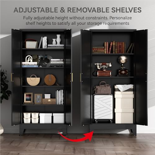 YNIQUESTLE Farmhouse Pantry Cabinet with Barn Doors, 71" H x 31.5" W, 5-Tier Metal Storage Cabinet with 4 Adjustable Shelves for Kitchen Garage Dining Room, Black 1 Pack YNIQUESTLE