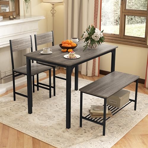 Tangkula Dining Table Set for 4, Kitchen Table and 2 Chairs for 4 with Bench, 4 Piece Dining Table Set for Small Space, Apartment Tangkula