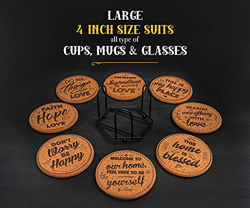 Coasterlux Cork Coasters for Drinks Absorbent with Holder - Cute & Funny Set of 8 Large Round Outdoor Cup Wooden Table Protection, Coffee Trivet, Cups and Mugs Cool Drink Coaster Gift Coasterlux