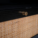 Natural Rattan Nightstands Set of 2, Accent End Table, Boho Bedside Table with 1 Hand Made Decorated Door for Living Room, Bedroom, Black Angel Sar