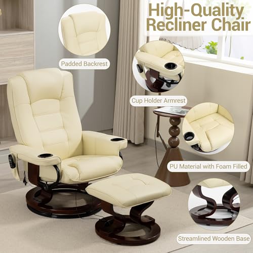 WENTUM 8-Point Massage Recliner with Ottoman, Heated PU Leather Reclining Chair w/Solid Wood Base, Indoor Lounge TV Chair with Footrest for Living Room and Bedroom, Beige WENTUM