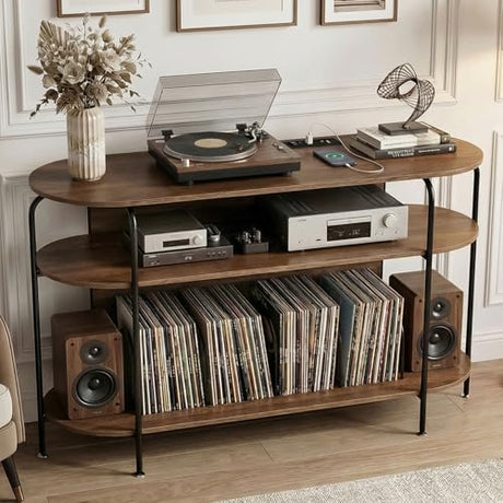 Faesun Large Record Player Stand with Vinyl Record Storage & Power Outlets, Holds 200+ Albums, 3-Tier Turntable Stand for Living Room & Bedroom, Mid Century Round Shelf Design,Walnut Faesun