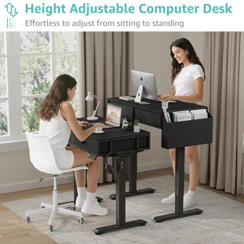 KLUVIS Electric Standing Desk with Drawers - 32 Inch Small Black Height Adjustable Sit Stand Desk with Storage for Home Office Bedroom, Study Writing Compact Stand up Computer Desks for Boys Girl Work KLUVIS