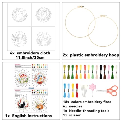 ORIGACH 4 Pack Animal Embroidery Kits Cat Frog Owl Fox Embroidery Sampler Kit Include Adjustable Hoops and Instruction Starter DIY Needlepoint for Adult Beginners