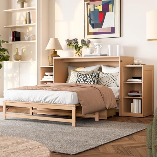Ball & Cast Murphy Bed Full Size Bed Frame with Spacious Storage Drawers and Open Shelves,Wood Hideaway Beds w/No Box Spring Needed,Slat Support,for Apartment,Bedroom,can be Folded,Golden Ball & Cast