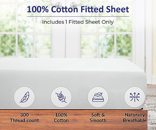 ROYALE LINENS 300 Thread Count 100% Long Staple Combed Cotton Fitted Sheet Twin - Super Soft Deep Pocket Bottom Sheet - Fitted Sheets Only - Elastic Sheets (Twin, White) ROYALE LINENS