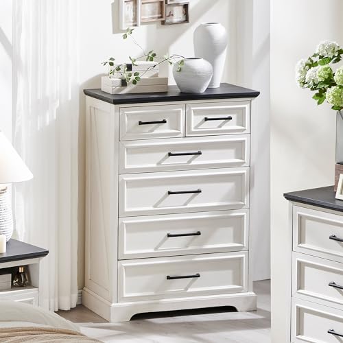 ACCOHOHO 6 Drawer Dresser, Farmhouse Chest of Drawers for Bedroom, 44" Tall Modern Dresser with Large Metal Handle, Wood Drawer Organizer for Living Room, Hallway, Closet - White ACCOHOHO