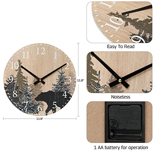 SwallowLiving Cabin Bear Wall Clock 12 Inch Silent Non Ticking Clock Wooden Forest Wildlife Mountain Lodge Wall Clock Battery Operated Rustic Farmhouse Wall Clock SwallowLiving