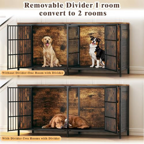 63" Large Double Dog Kennel Furniture for 2 Dogs – Extra Sturdy XXL Metal & Wooden Medium Dog Cage with Removable Divider, Dual Doors & Name Tags – Indoor/Outdoor Crate for Large Breeds HUAHUU