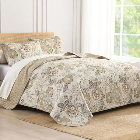 Luxudecor Floral Quilt Set King Size 3 Pieces Vintage Flower Bedspread with Pillow Shams Soft Microfiber Coverlet Bedding Set Reversible Bed Cover for All Seasons Neutral Luxudecor