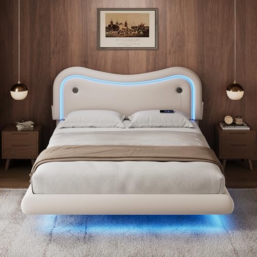 MapleGrace Full Size Floating Bed Frame with LED Lights, Velvet Upholstered Bed Frame with Headboard, Rounded Corners, Charging Station, No Box Spring Needed, Easy Assembly, White MapleGrace