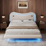 MapleGrace Full Size Floating Bed Frame with LED Lights, Velvet Upholstered Bed Frame with Headboard, Rounded Corners, Charging Station, No Box Spring Needed, Easy Assembly, White MapleGrace
