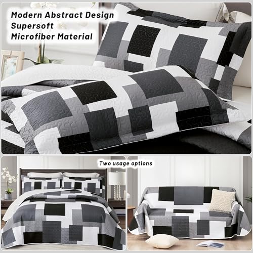 Tyrot 3 Piece Black Grey Quilt Set Full/Queen Size Black White Geometric Reversible Bedding Set Microfiber Lightweight Bedspread Coverlet with 2 Shams Modern Bed Covers for All Season, 90''x96'' Tyrot