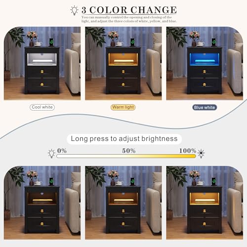 TAGELIER Farmhous Nightstand with Gun Drawer,Bedside Table with Charging Station, Gun Night Stand with LED Light & Human Sensor,Smart End Table for Bedroom, Black TAGELIER