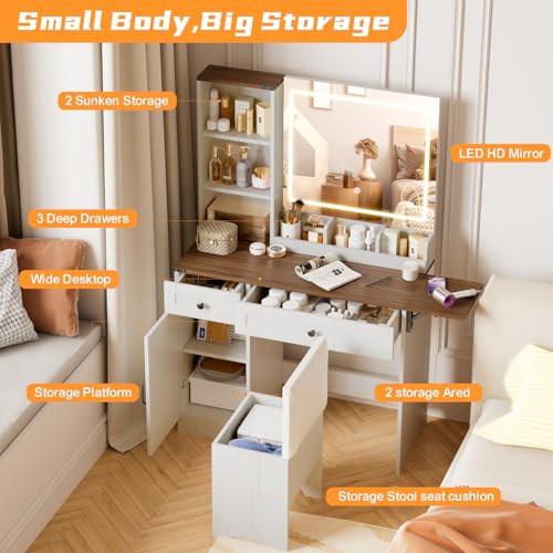 NUNU LAB Farmhouse Makeup Vanity Desk with Mirror and Lights, Large Makeup Vanity Table with Power Outlet, Drawers and Cabinet, Vanity Set Dressing Table with Storage Bench for Women Girls, Brown NUNU LAB