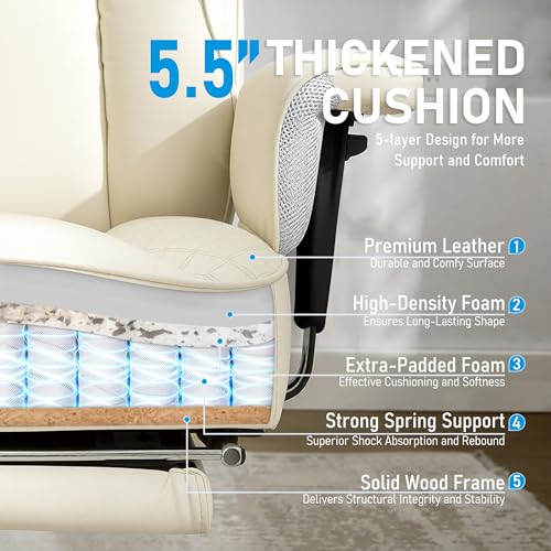 OwgeinSet Big and Tall Office Chair, Ergonomic Leather Reclining Chair with Footrest, High-Back Comfy Executive Computer Desk Chairs with Lumbar Support, Wide Seat, 400LBS (Beige) OwgeinSet