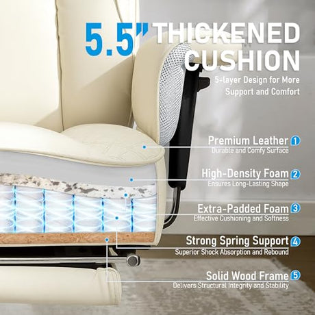 OwgeinSet Big and Tall Office Chair, Ergonomic Leather Reclining Chair with Footrest, High-Back Comfy Executive Computer Desk Chairs with Lumbar Support, Wide Seat, 400LBS (Beige) OwgeinSet