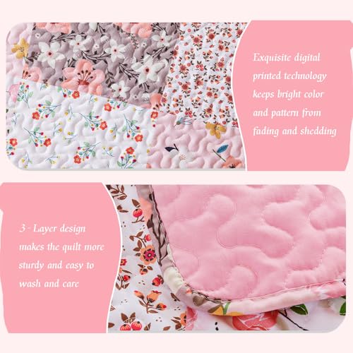 Whale Flotilla Patchwork Quilt Twin Size, Extra Soft Boho Floral Bedspreads for Bed Reversible Lightweight Twin Quilt Bedding Set Printed Coverlets with 1 Pillow Sham for All Seasons, Pink Whale Flotilla