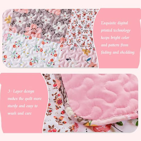 Whale Flotilla Patchwork Quilt Twin Size, Extra Soft Boho Floral Bedspreads for Bed Reversible Lightweight Twin Quilt Bedding Set Printed Coverlets with 1 Pillow Sham for All Seasons, Pink Whale Flotilla