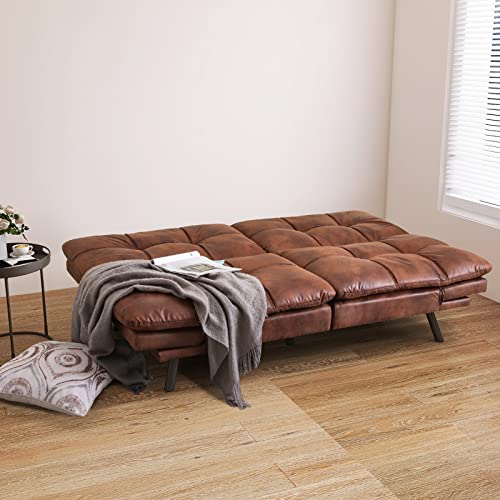 Vyfipt Futon Sofa Bed/Couch, Memory Foam Small Splitback Sofa for Living Room,Modern Loveseat with Covertible Armrests,Faux Leather/Cushion Thicker Version(Brown) Vyfipt