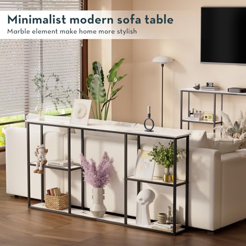 WOHOMO Console Table,Small Modern Entryway Table for Entry,3-Tier Long Sofa Table Behind Couch for Living Room,Entrance,White Marble(63 inch) WOHOMO