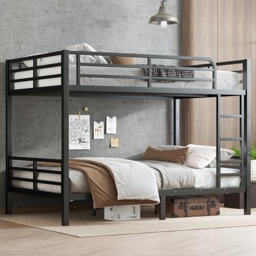HKOLIE Full XL over Full XL Bunk Bed, Metal Bunk Bed Frame Heavy Duty Bunk Beds Loft Bed Frame with Ladder and Guardrail Metal Slats No Box Spring Required for Adults Teens (Full XL over Full XL Size) HKOLIE