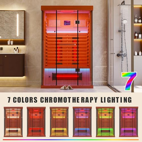 MEISSALIVVE Full Spectrum Infrared Sauna，1-2 Person Home Sauna，Red Cedar Indoor Sauna with Resonance Speaker, Panoramic Tempered Glass Door MEISSALIVVE