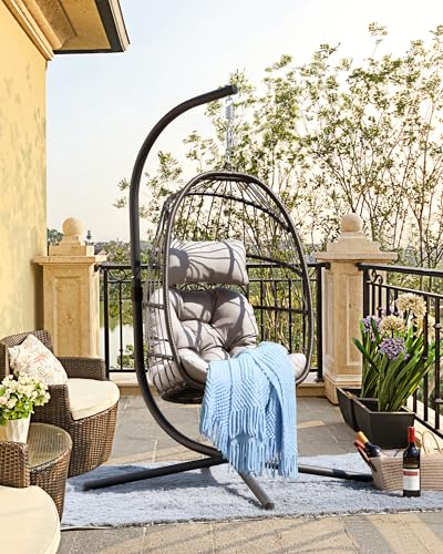 FREDEES Egg Swing Chair with Stand, Outdoor Hanging Egg Chair with Cushion for Patio/Porch/Balcony/Indoor (Light Gray) FREDEES