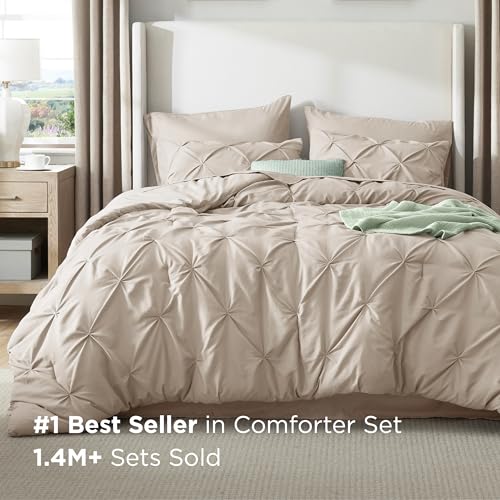 Bedsure King Size Comforter Set Beige - Bed in a Bag Bedding Set 7 Pieces, GentleSoft™ Pintuck Bed Set Gift for Family, Pinch Pleat Beige Comforter with Sheets, Pillowcases & Shams Bedsure