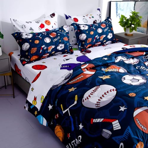 Wajade Sports Comforter Set - 7 Piece Queen Bedding with 3D Soccer, Basketball, Baseball, Football Design for Kids Wajade