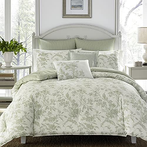 Laura Ashley Home - King Duvet Cover Set, Reversible Cotton Bedding, Includes Matching Shams with Bonus Euro Shams & Throw Pillows (Natalie Green, King) Laura Ashley